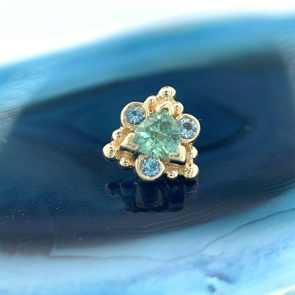 Helana 3mm Trillion Sea Foam Tourmaline & 1.25mm Aquamarine 14k Yellow